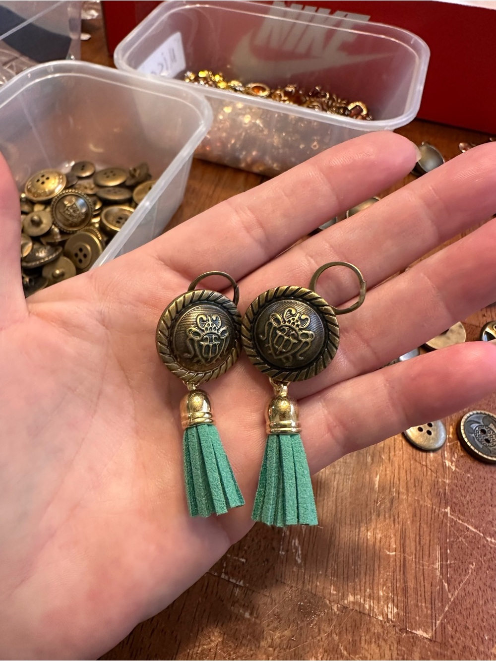 Antique Brass Medallion Earrings with Mint Green Tassels